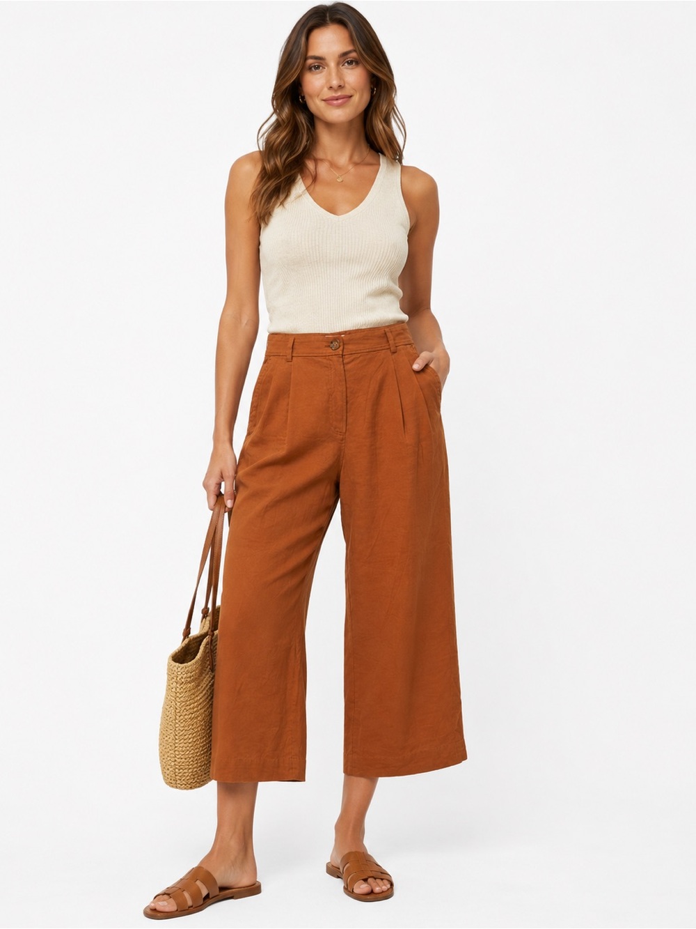 The Reset R Label Linen Tencel Blend Cropped Wide Leg Pants Brown Medium